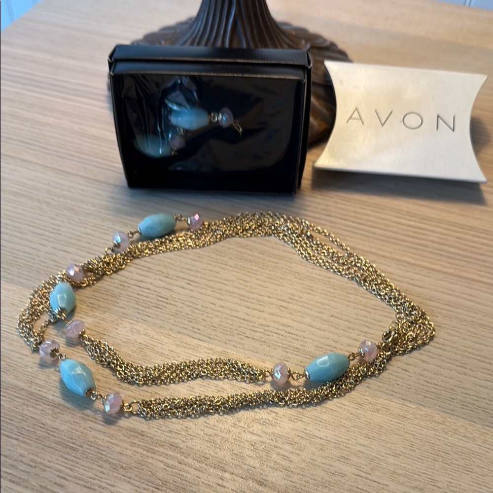 Avon Pastel Blue and Pink Long Necklace and Drop Earring Set